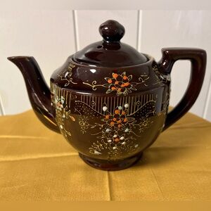 VTG Teapot Redware Japan Brown/Gold Hand Painted -  7.5